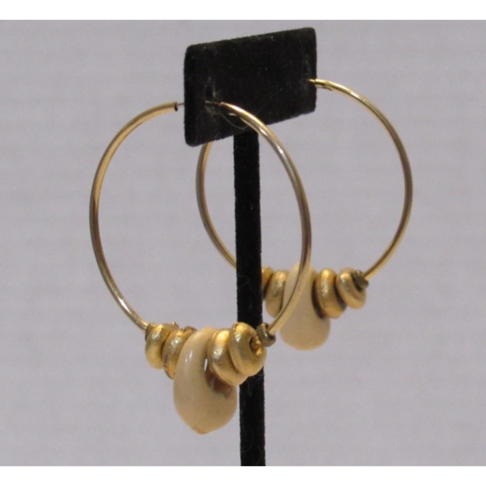 Vintage Gold Tone Hoop Earrings with Cream and Gold Sliding Beads Boho 1.5 Inch